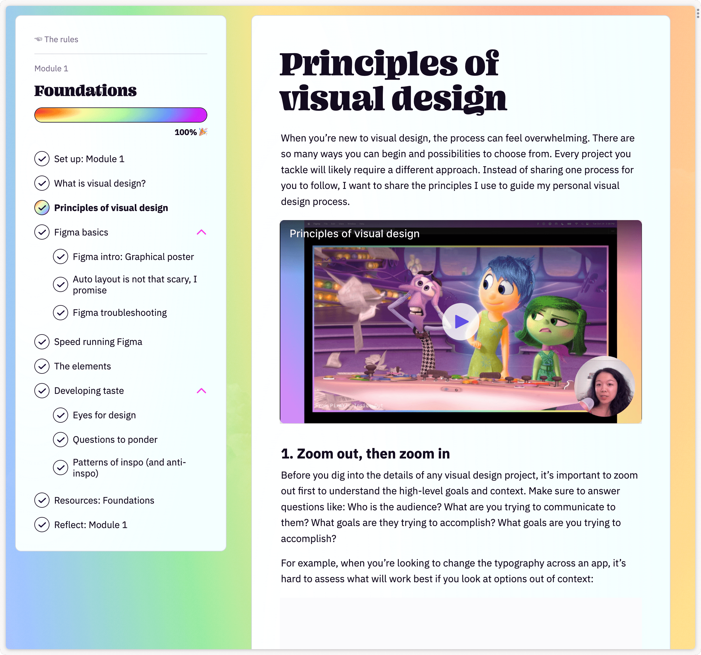 Screenshot of The Art of Visual Design website focused on the Principles of Visual Design lesson. The lesson features a video by me! There'salso a sidebar with all the lessons in module 1: What is visual design? Principles of visual design. Figma basics. Graphical poster. Auto layout. Figma troubleshooting. Speed running Figma.