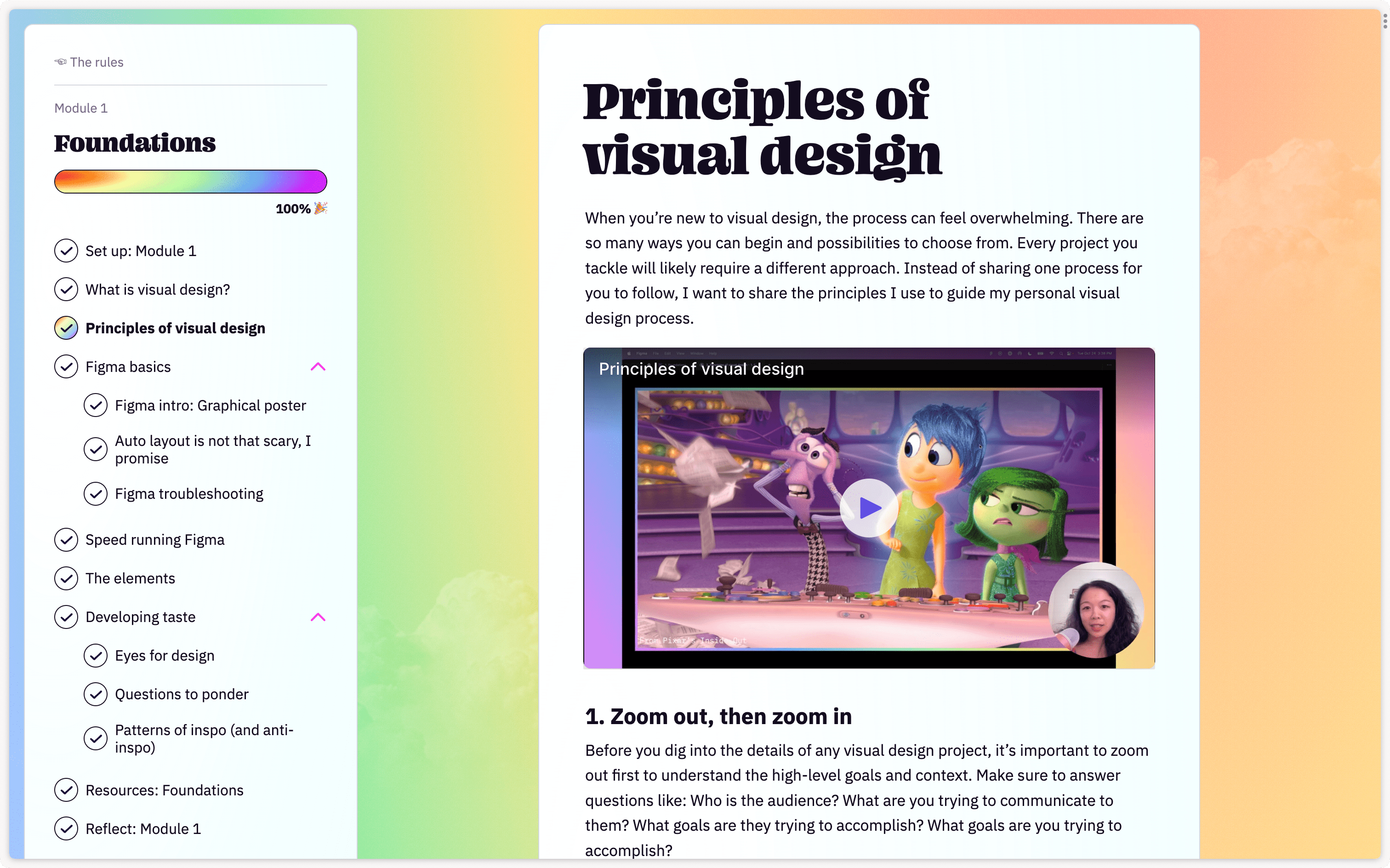Screenshot of The Art of Visual Design website focused on the Principles of Visual Design lesson. The lesson features a video by me! There'salso a sidebar with all the lessons in module 1: What is visual design? Principles of visual design. Figma basics. Graphical poster. Auto layout. Figma troubleshooting. Speed running Figma.